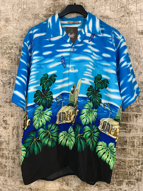 Mens Vintage Blue Hawaiian Aloha Button Up Shirt