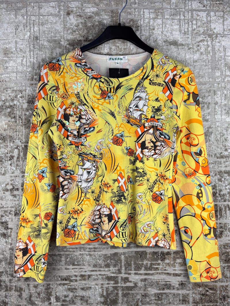 Womens Y2K Yellow Graphic Long Sleeve Shirt