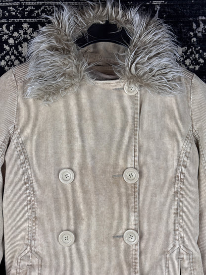 Women's Y2K Beige Corduroy Jacket with Faux Fur Trim