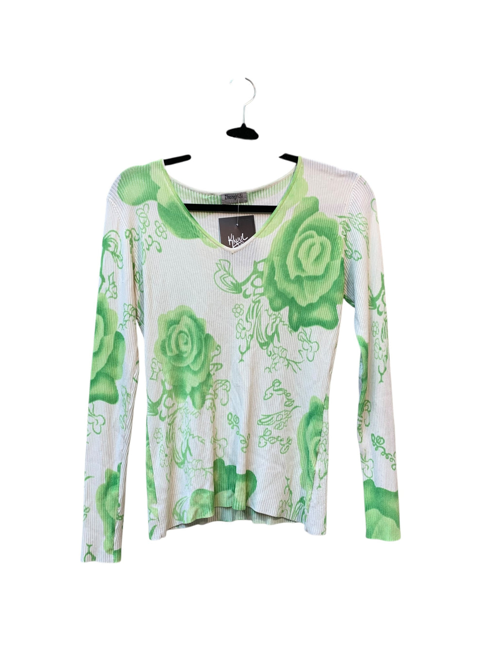 ZhongYiSi Y2K Rose Print Ribbed Long Sleeve Top