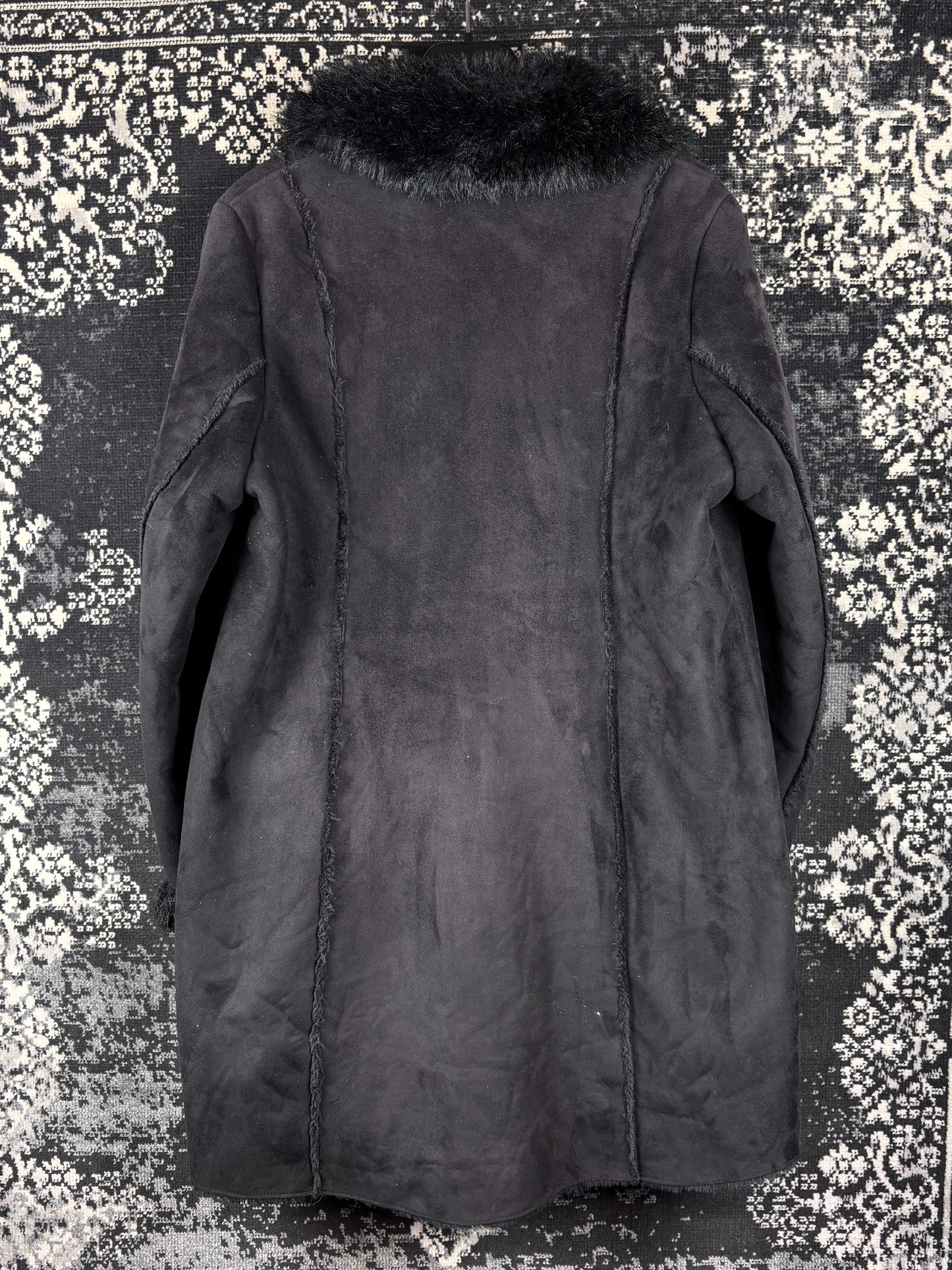 Women's Y2K Black Suede Duffle Coat wih Faux Fur Trim