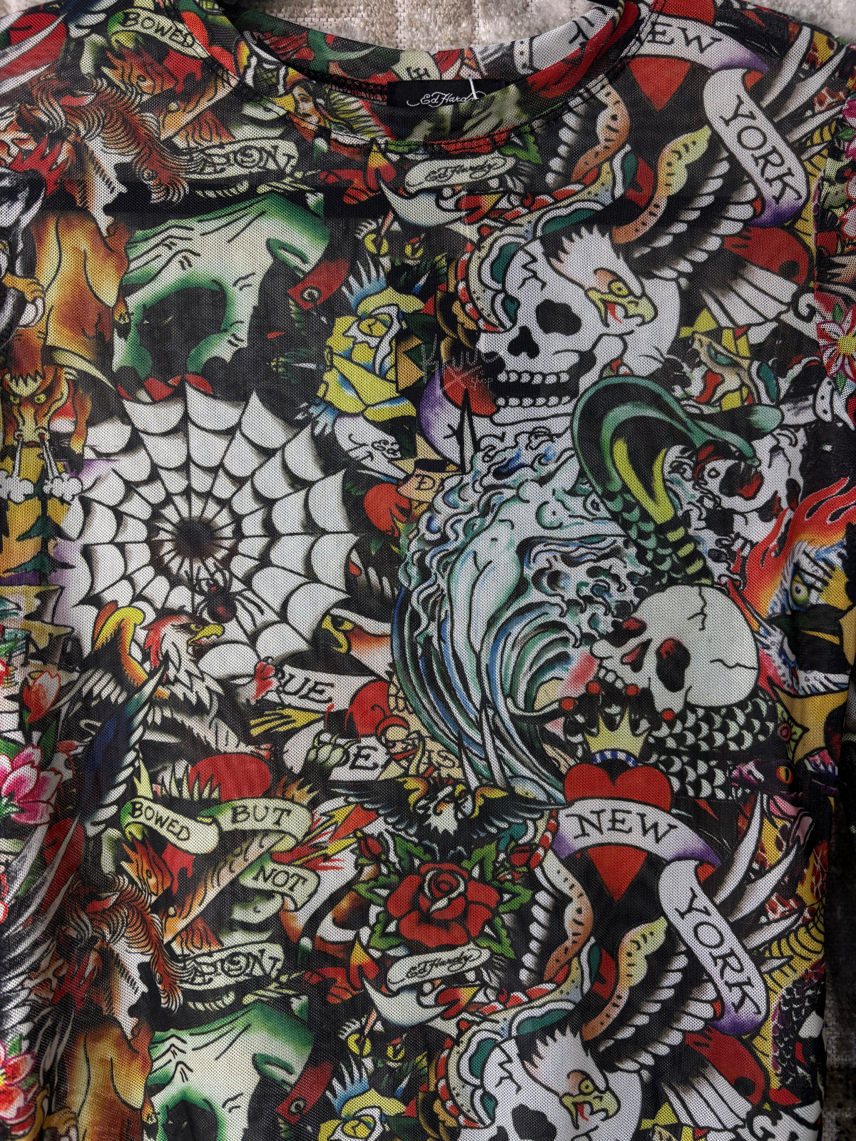Ed Hardy Tattoo Print Mesh Long Sleeve Top