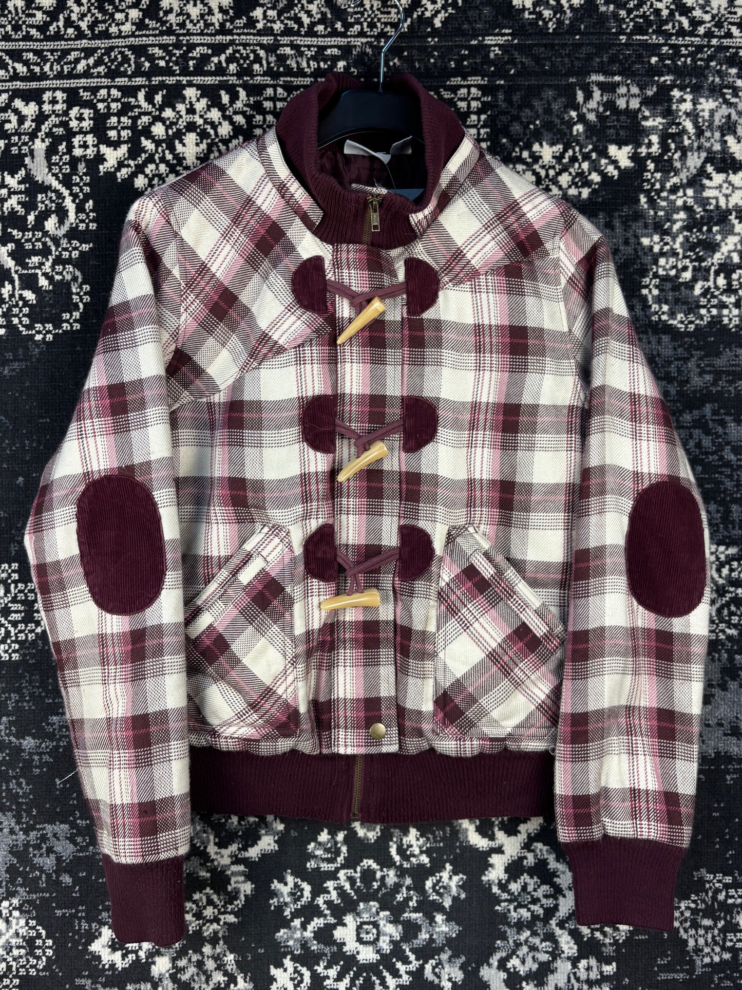 Womens Y2K Burgundy and Pink Plaid Patterned Bomber Jacket