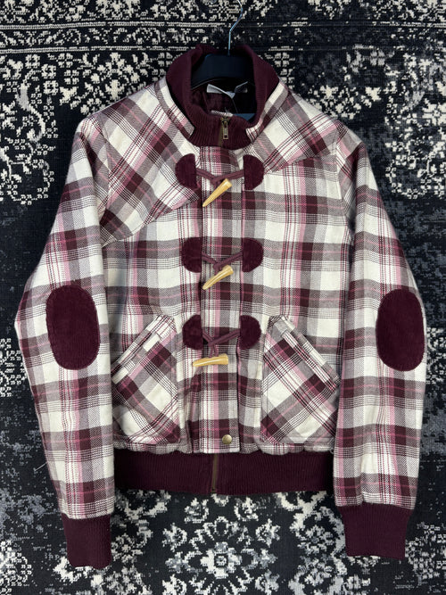 Womens Y2K Burgundy and Pink Plaid Patterned Bomber Jacket