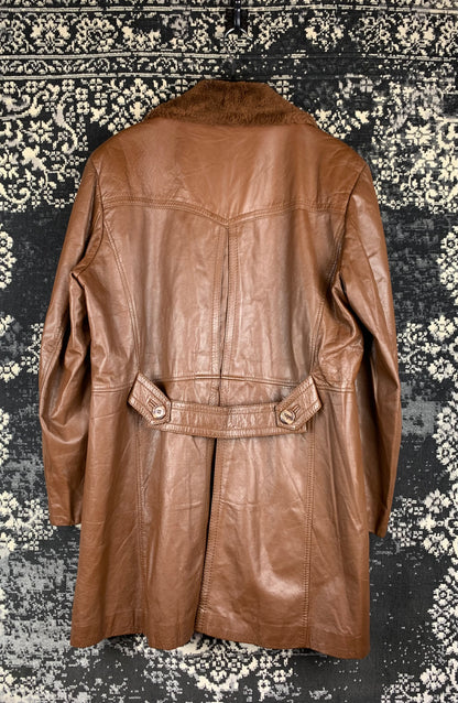 Vintage Leather Fur Collar Coat