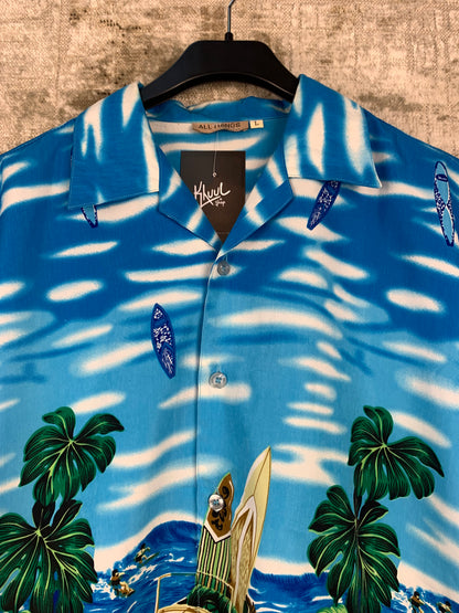 Mens Vintage Blue Hawaiian Aloha Button Up Shirt