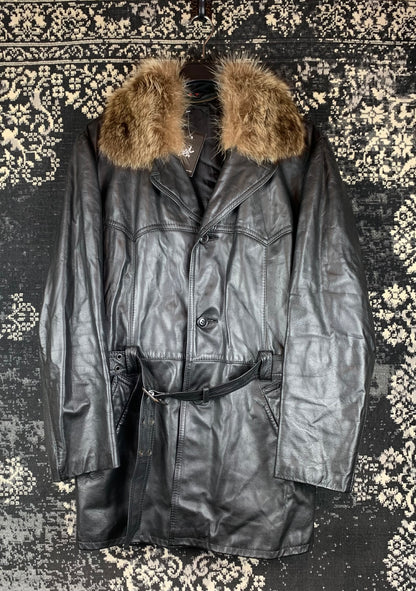 Mens Vintage Finnish Black Leather Fashion Coat