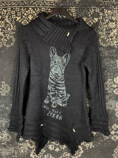 Women's Black Y2K Dog Print Beaded Sequin Knit Sweater