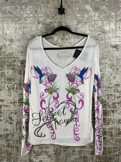 Womens Y2K White Graphic Rhinestone Floral Top