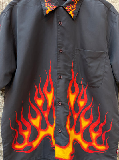 Mens Y2K Smog Rockers Flame Print Button Up Shirt