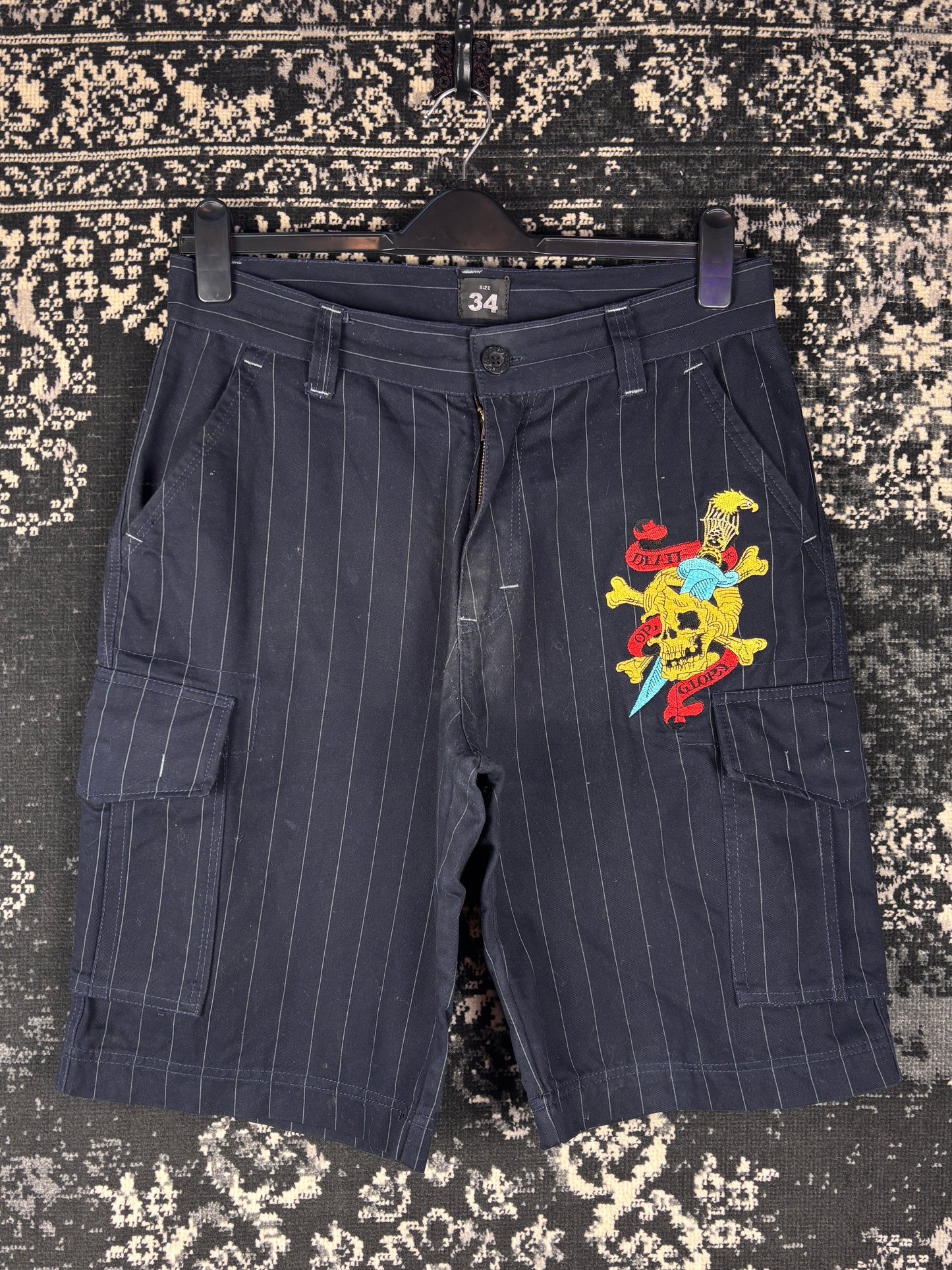 Men's Y2K Black Pinstripe Ed Hardy Cargo Shorts