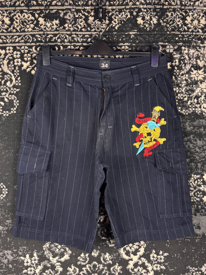 Men's Y2K Black Pinstripe Ed Hardy Cargo Shorts