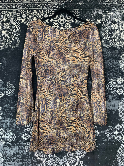 Womens Y2K Style Mesh Animal Print Long Sleeve Dress
