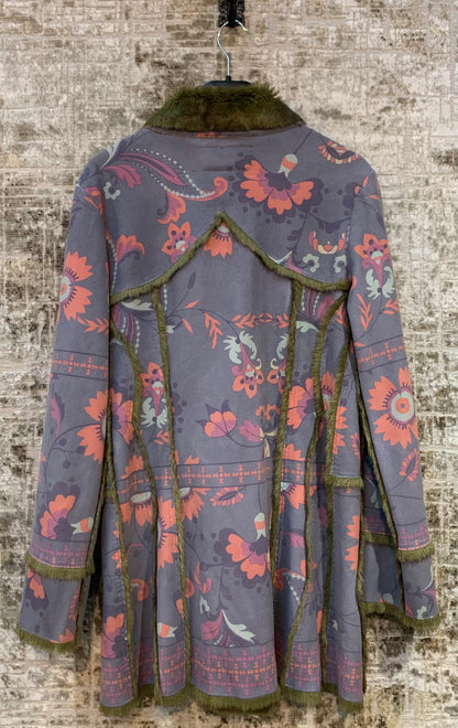 Custo Line Floral Faux Fur Trim Coat