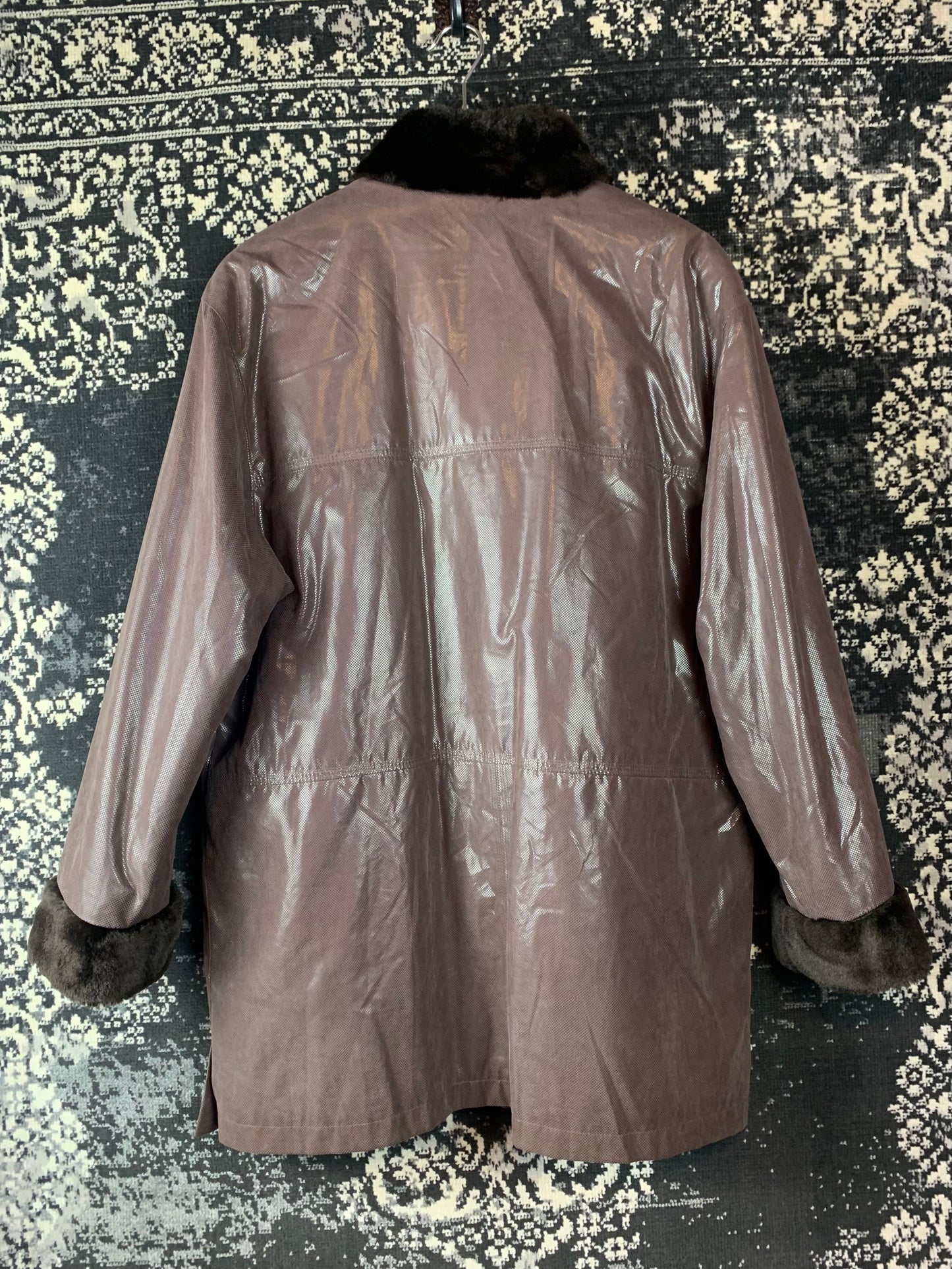 Womens Vintage Dark Brown Faux Fur Trim Long Funky Coat