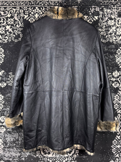 Women's Y2K Vintage Leather Coat with Faux Fur Trim