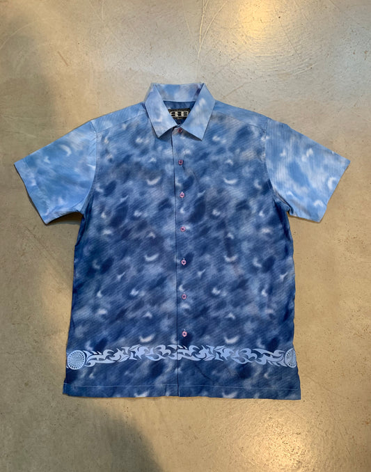 Y2K “Subs Cribe” Blue Pattern Button-Up Shirt