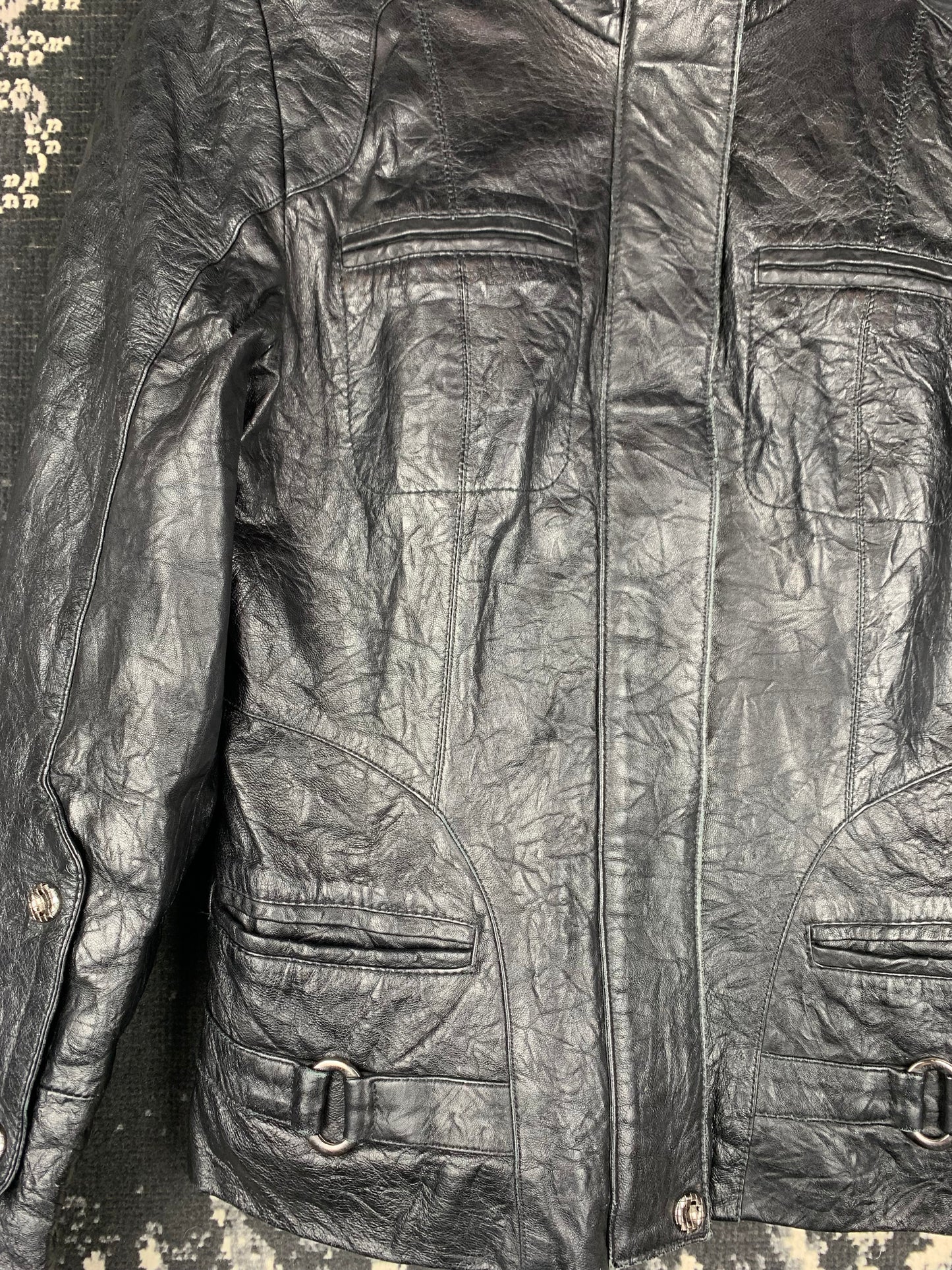 Women's Y2K Black Faux Leather Belted Biker Jacket