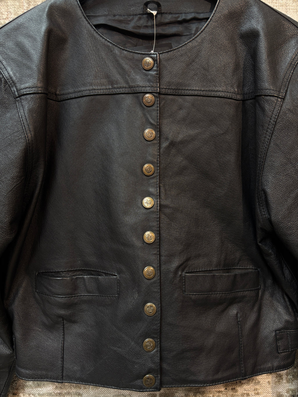 Vintage Collarless Cropped Leather Jacket