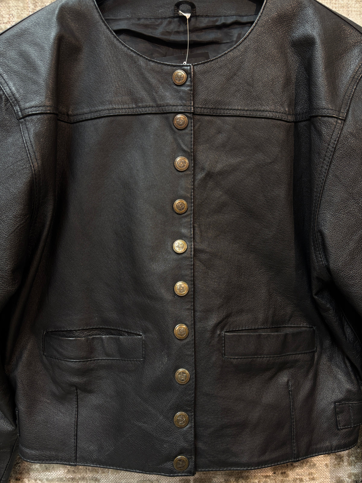 Vintage Collarless Cropped Leather Jacket