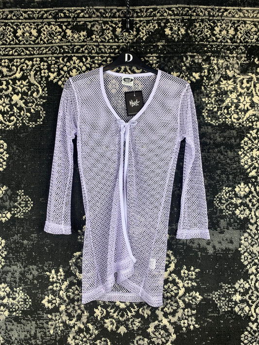 Y2K Women's Pastel Purple Sheer Mesh Knit Long Sleeve Top