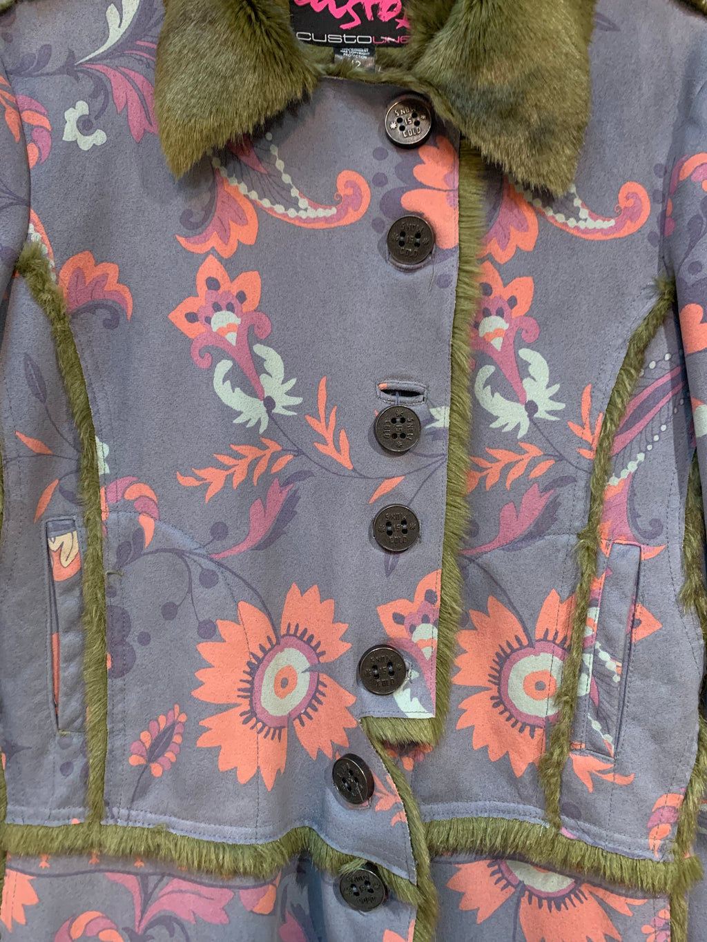 Custo Line Floral Faux Fur Trim Coat