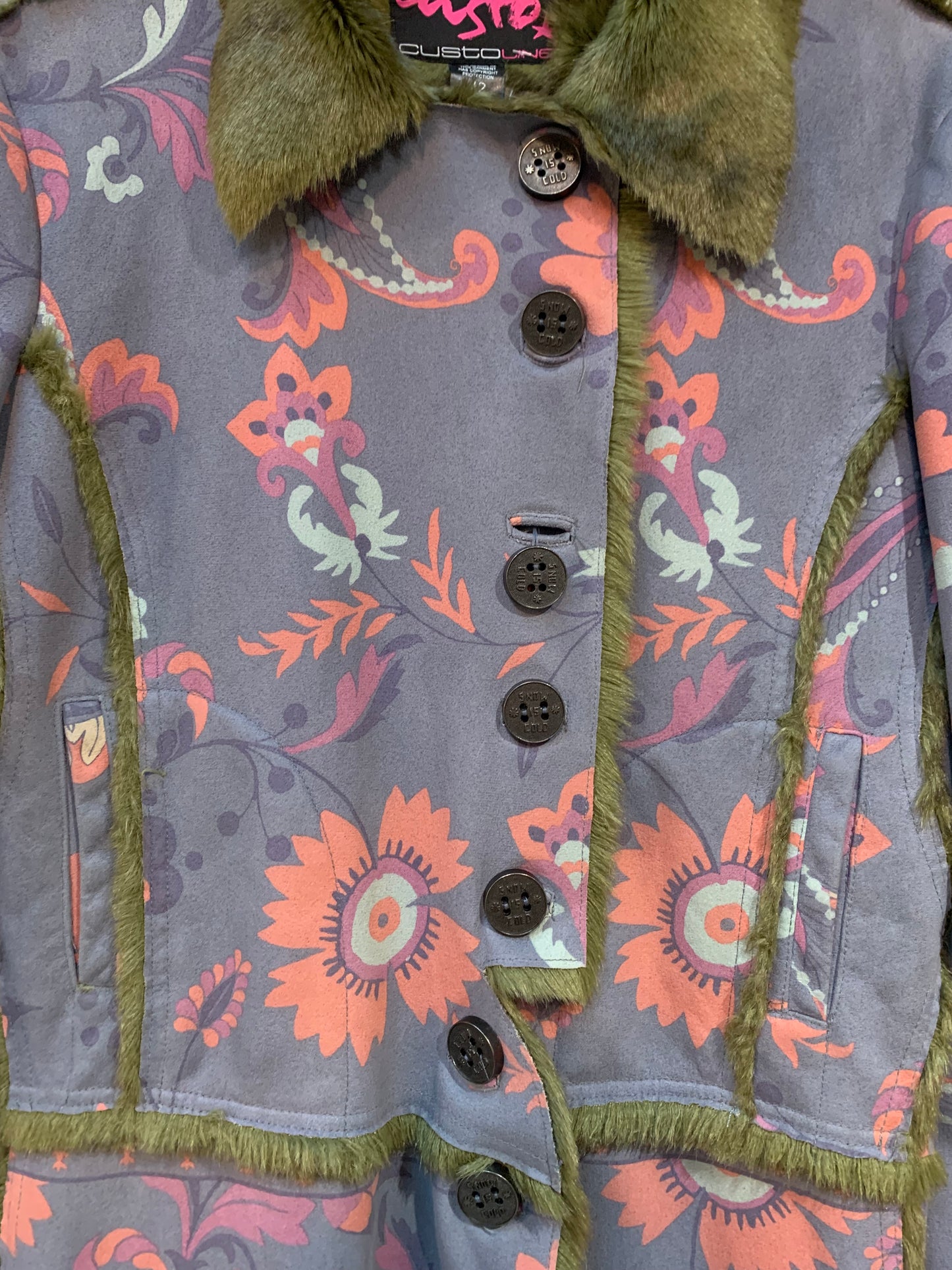 Custo Line Floral Faux Fur Trim Coat