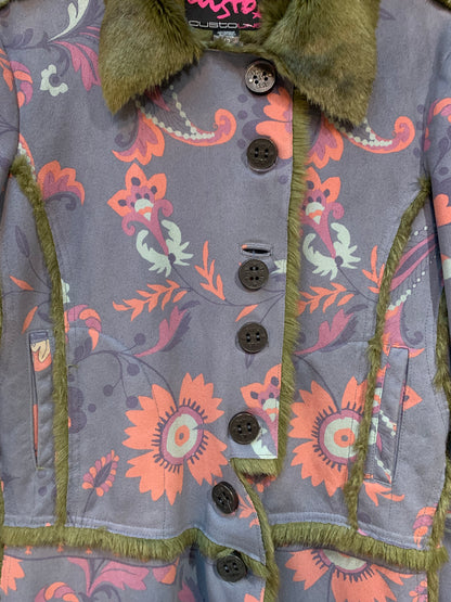 Custo Line Floral Faux Fur Trim Coat