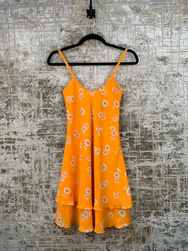 Womens Y2K Orange Floral Spaghetti Strap Dress