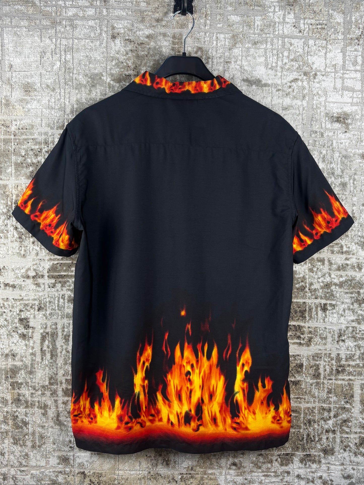 Mens Y2K Lip Line Flame Print Button Up Shirt