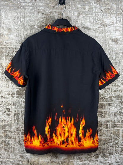 Mens Y2K Lip Line Flame Print Button Up Shirt