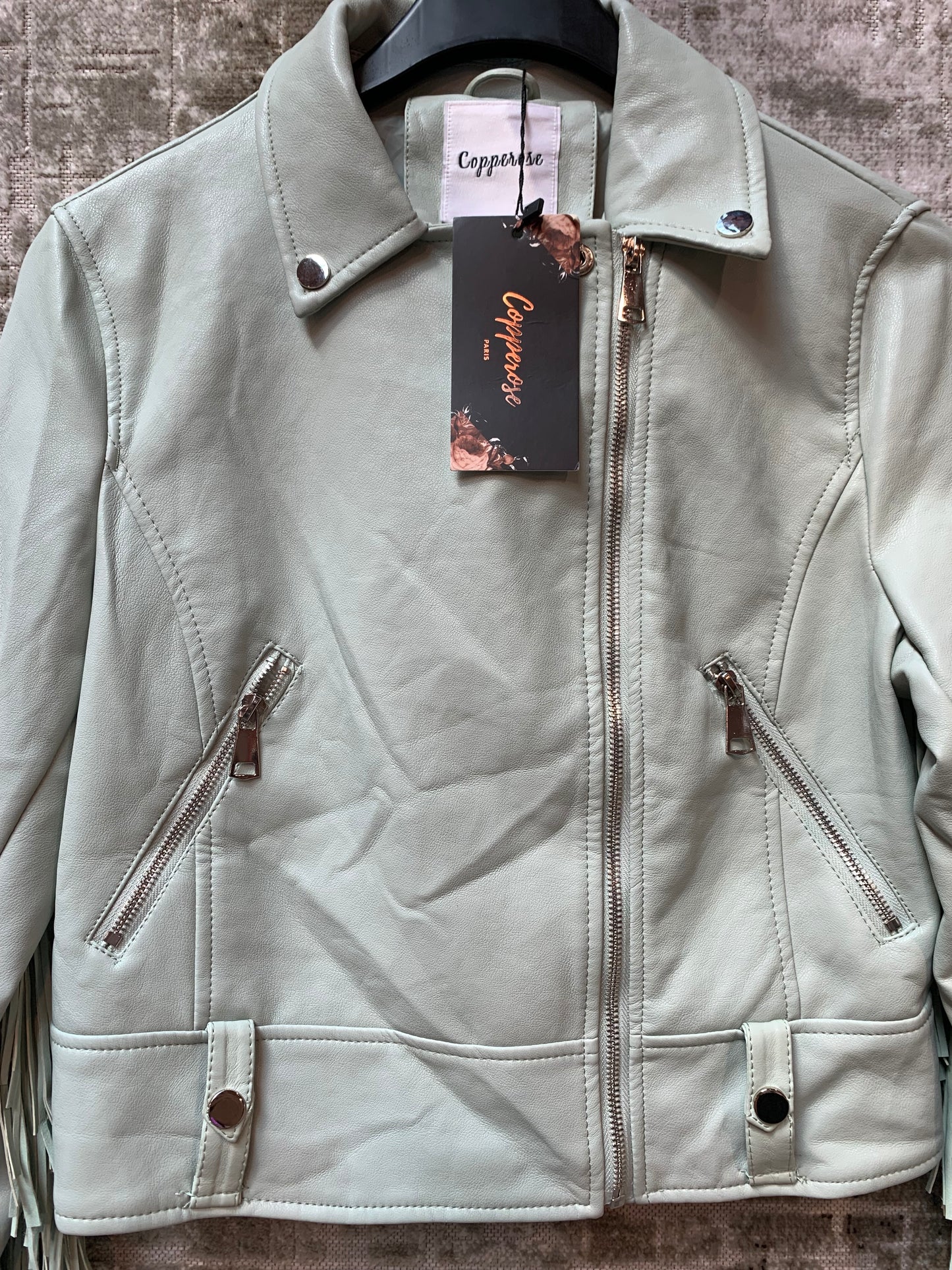 Copperose Fringe Faux Leather Biker Jacket