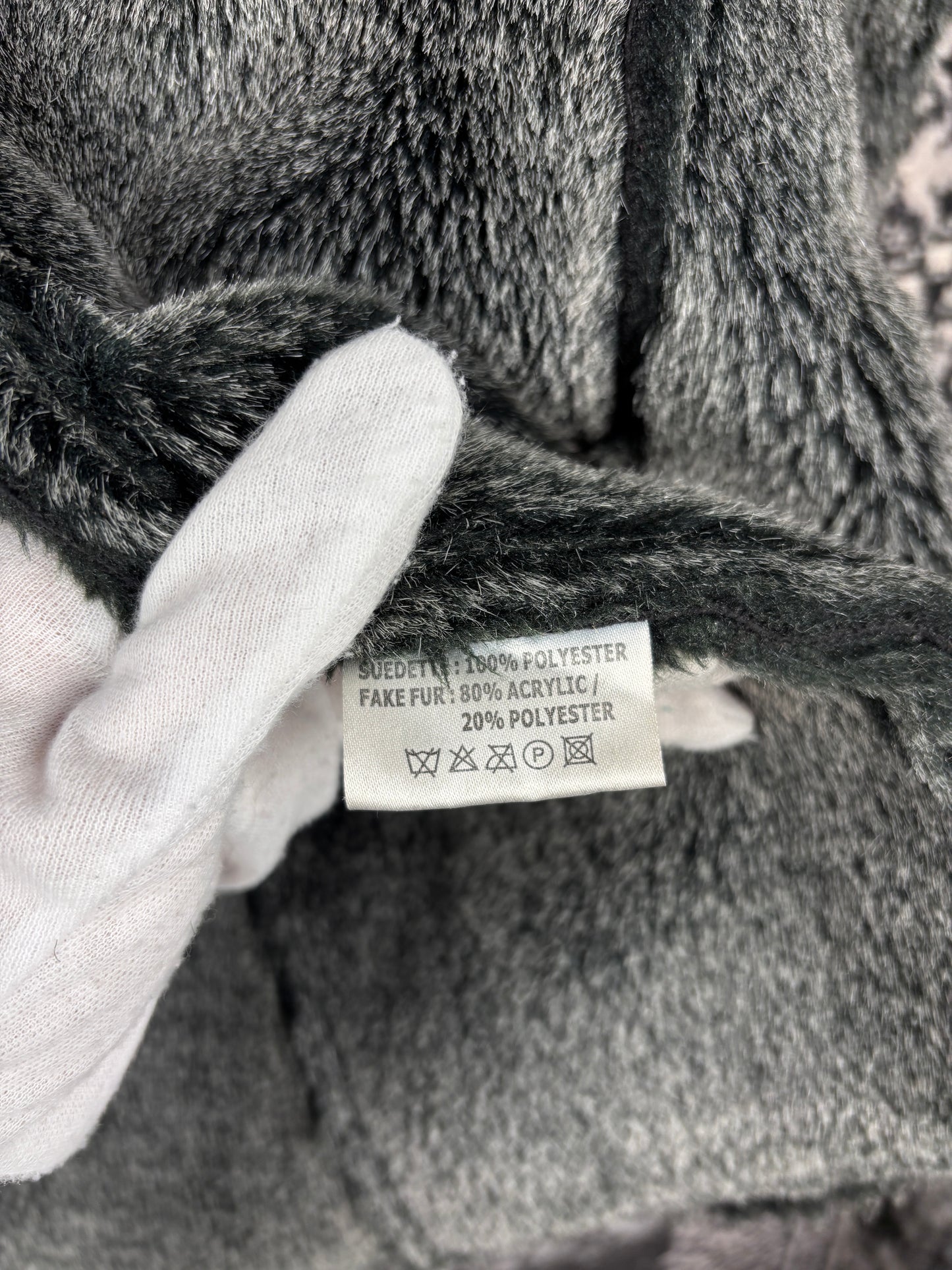 Women's Y2K Black Hooded Suede Coat with Faux Fur Trim