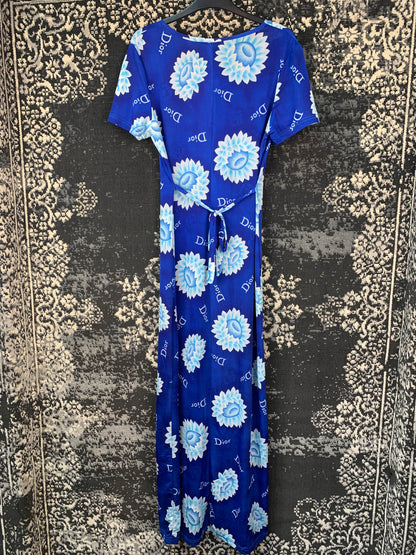 Womens Y2K Royal Blue Floral Logo Maxi Dress