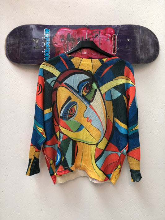 Abstract Face Print Knit Sweater