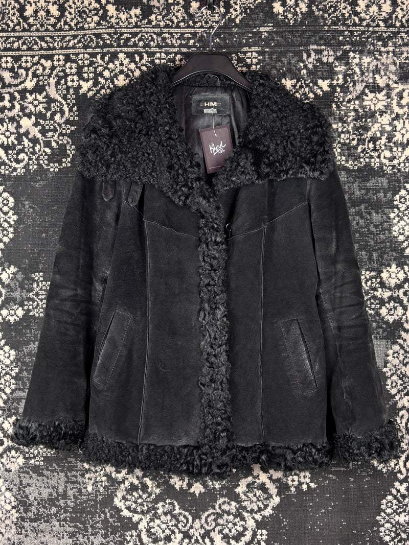 Women's Y2K Vintage Black Suede Coat with Genuine Goat Fur Trim