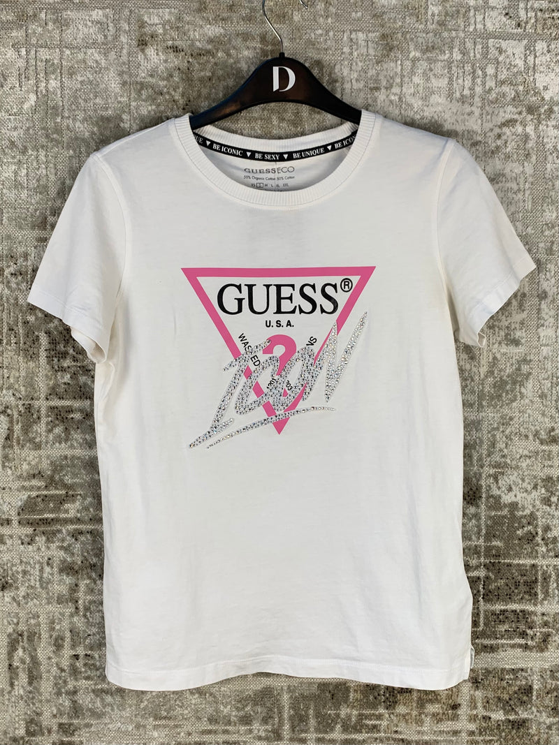 Women's Y2K Guess Icon Rhinestoned White T-shirt