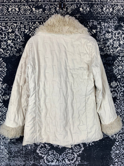 Derhy Y2K Cream Faux Fur Collar & Cuff Jacket