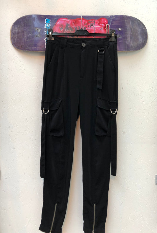Black Cargo Pants With Belt Straps And Zipper Ankles