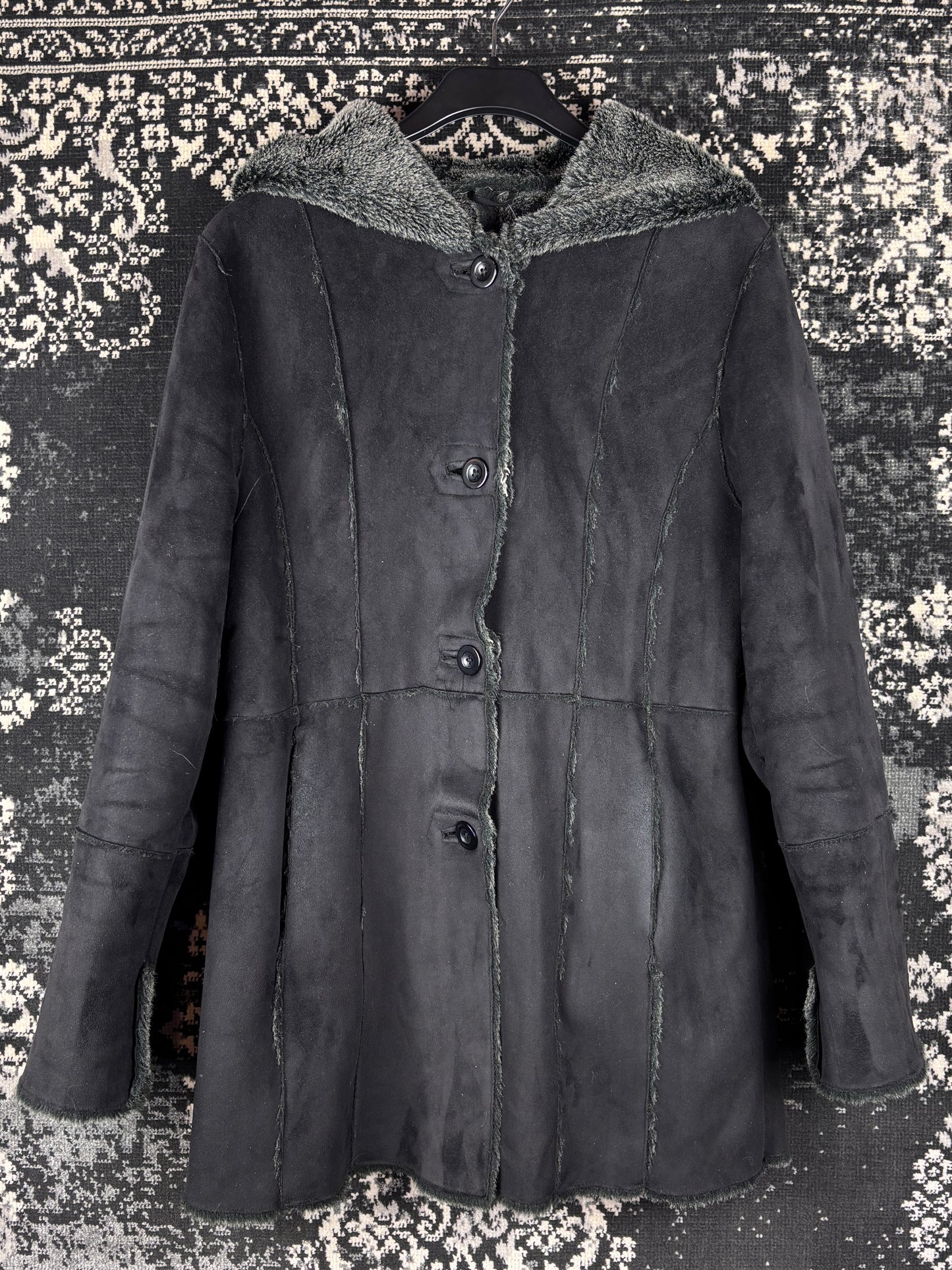 Women's Y2K Black Hooded Suede Coat with Faux Fur Trim