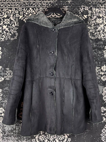 Women's Y2K Black Hooded Suede Coat with Faux Fur Trim
