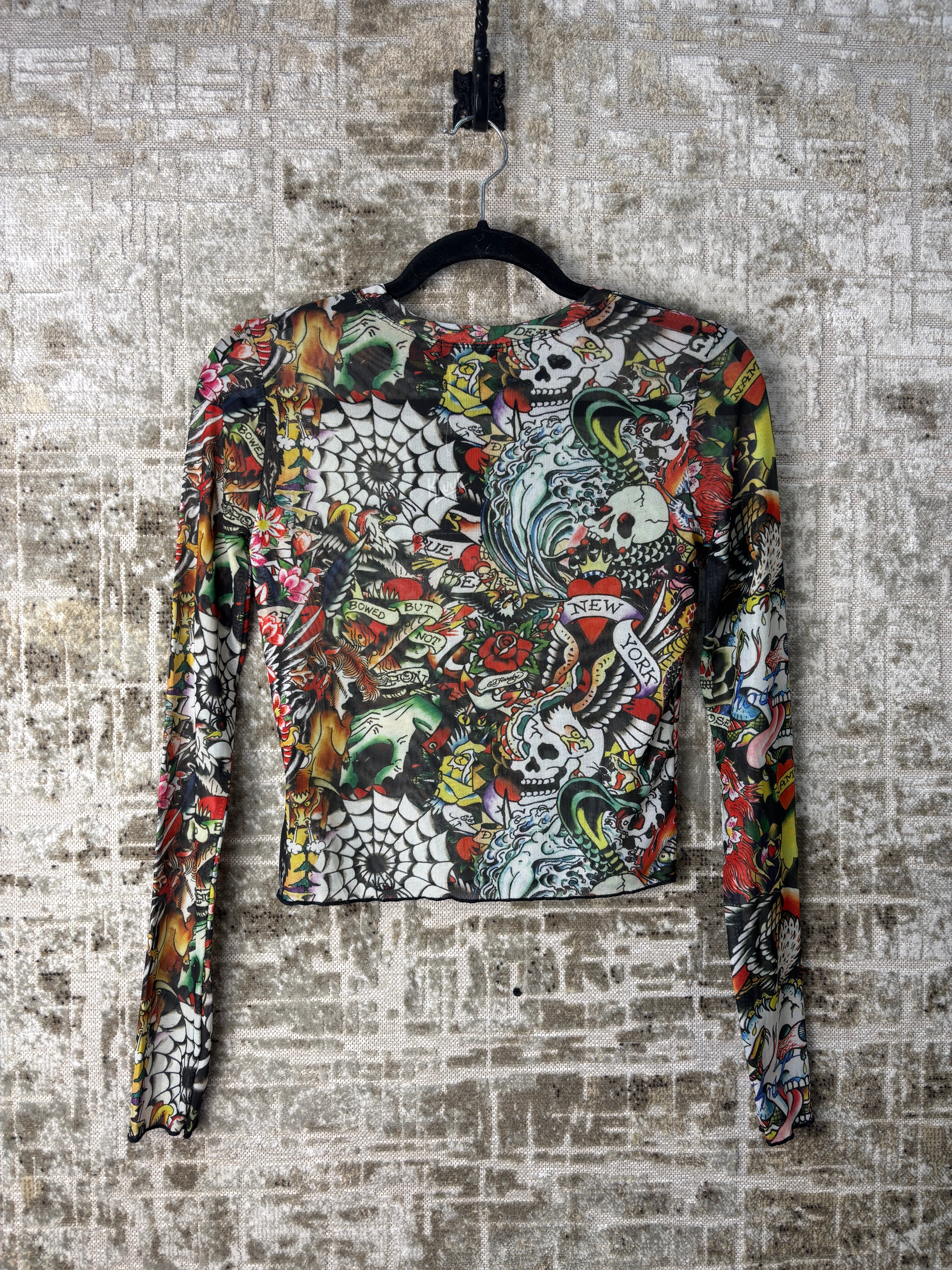 Ed Hardy Tattoo Print Mesh Long Sleeve Top Size S Multicolour – Khuul