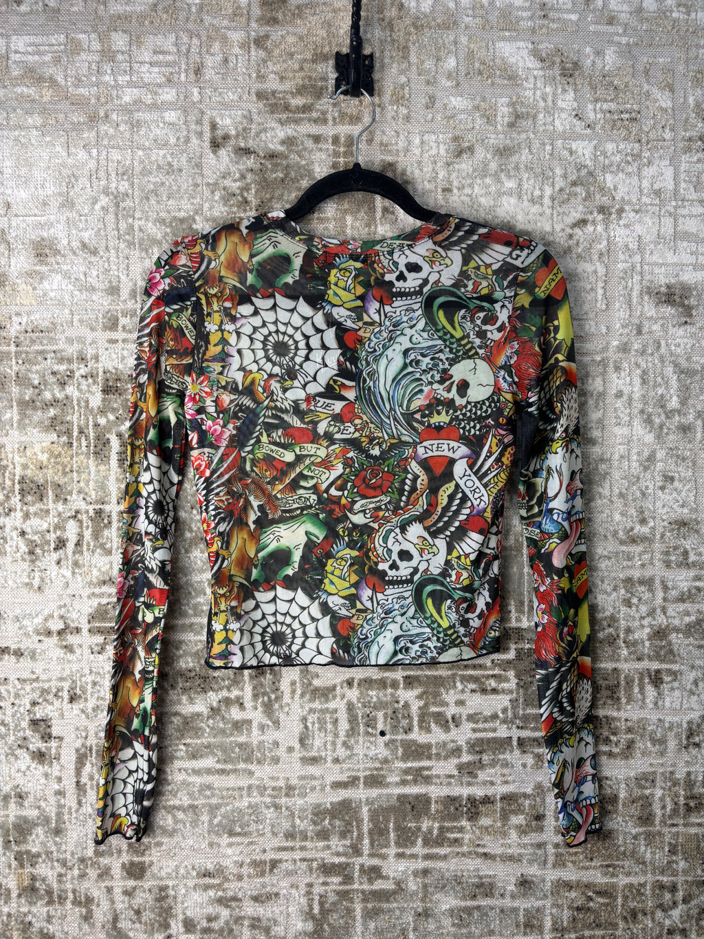 Ed Hardy Tattoo Print Mesh Long Sleeve Top