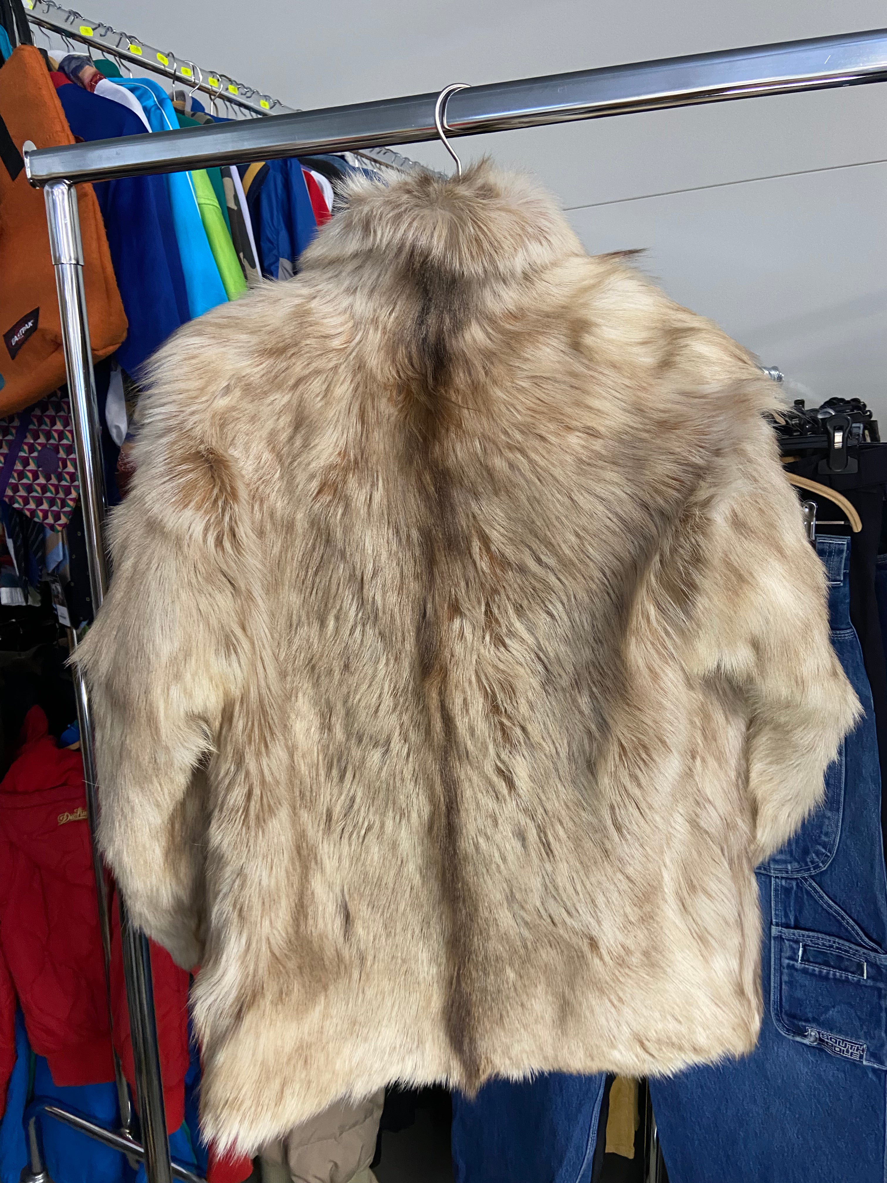 Beige Cream Short Wolf Fur Overcoat Jacket Women's Size S