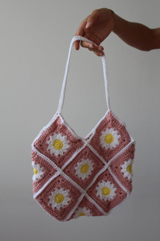 Handmade Crochet Pink Daisy Bag