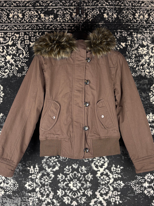 Women's Y2K Brown Faux Fur Collar Hooded Jacket
