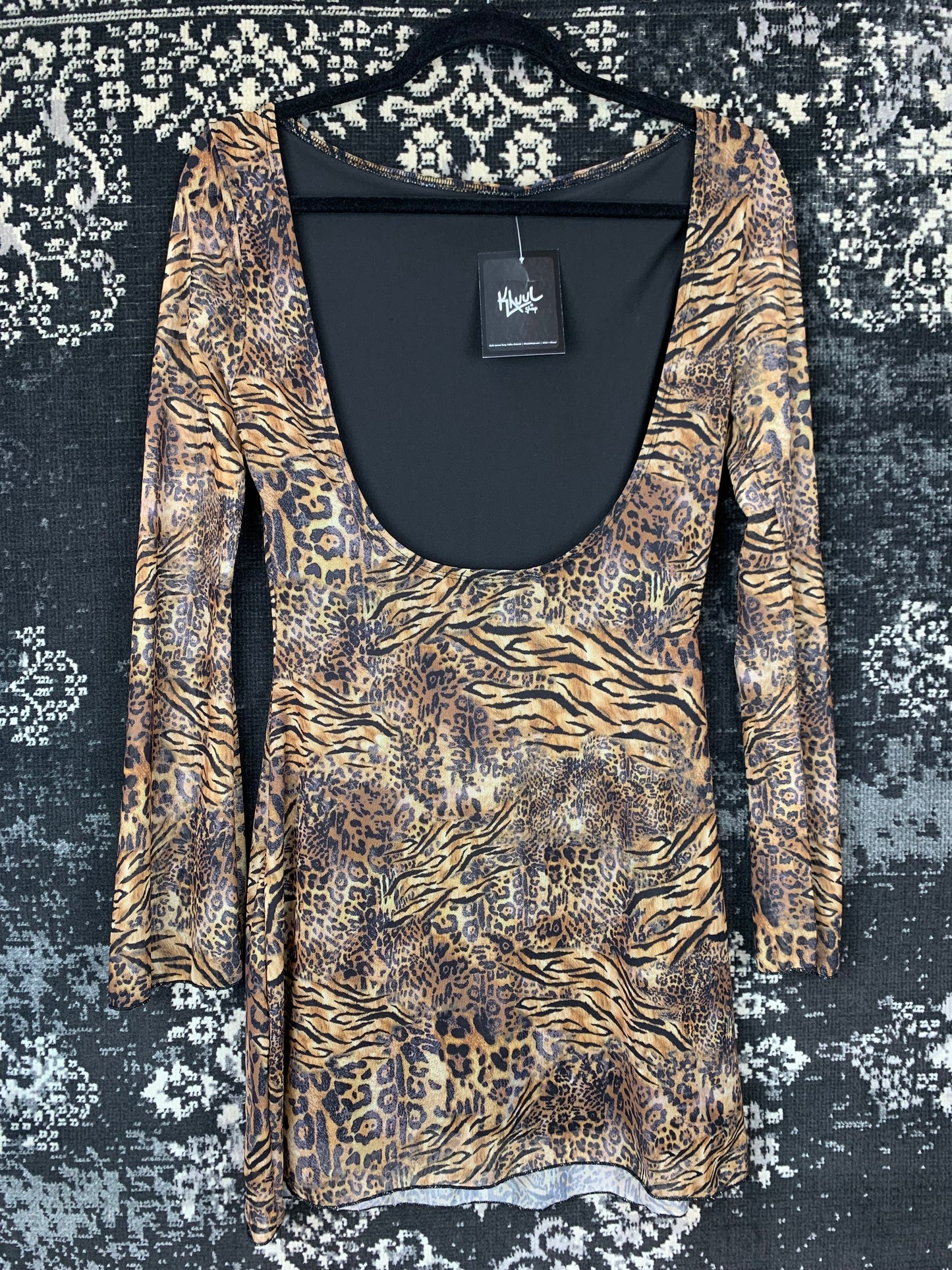 Womens Y2K Style Mesh Animal Print Long Sleeve Dress