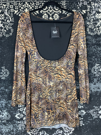 Womens Y2K Style Mesh Animal Print Long Sleeve Dress