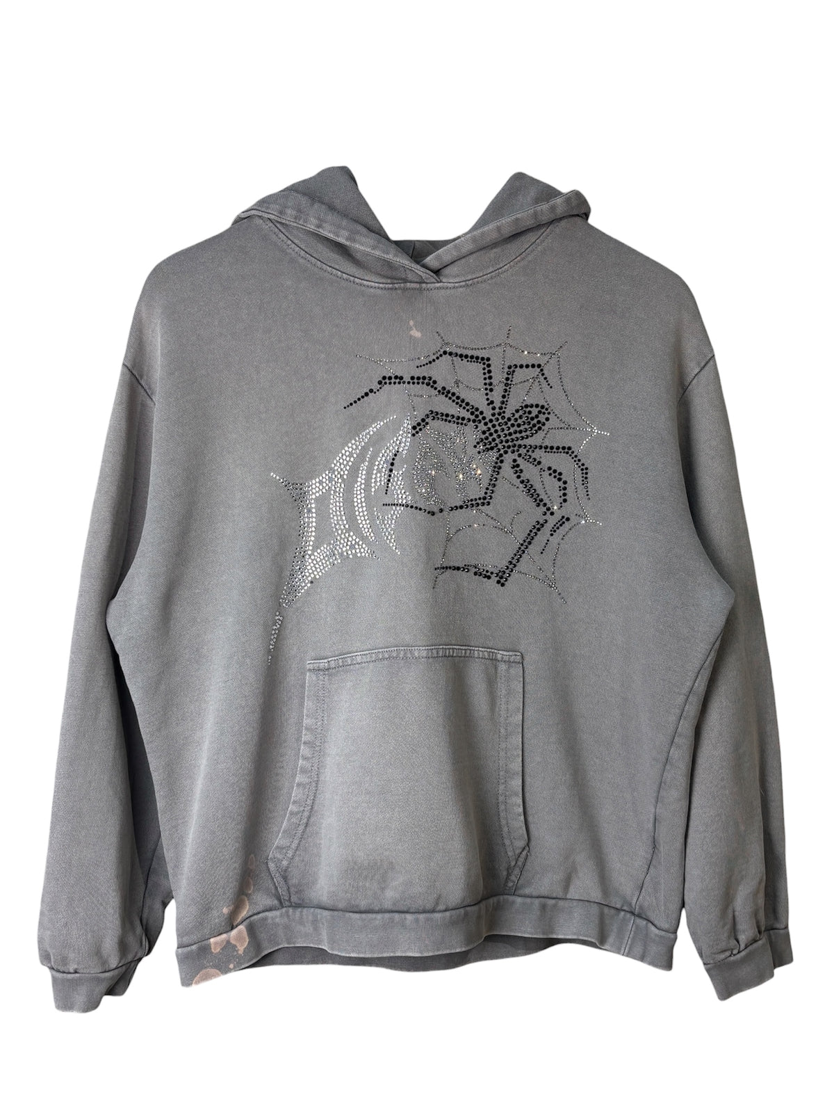 Rhinestone Spider Web Washed Grey Hoodie
