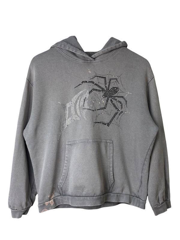 Rhinestone Spider Web Washed Grey Hoodie